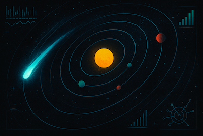 Illustration of an interstellar object passing through a solar system like 3i Atlas and data visualization