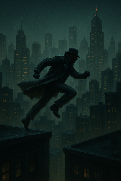 An illustration of a video game box art guy jumping on roofs in Matrix style