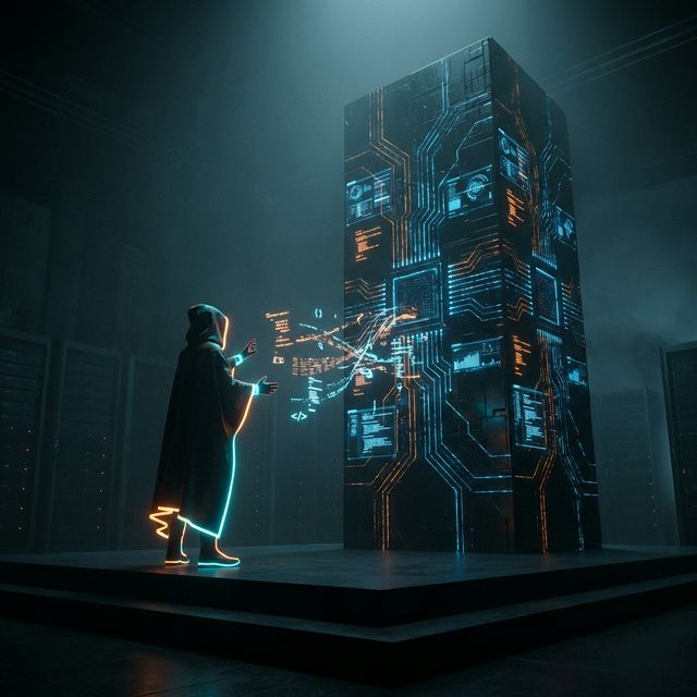 A lone glowing figure standing before a massive complex data structure