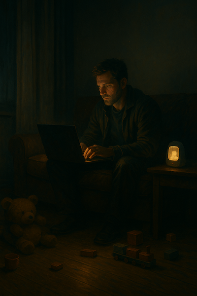 A lone desk glowing in the dark, a developer coding under dim light, coffee beside them, the rest of the house sleeps.