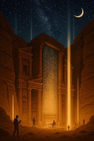 A temple of code in the middle of the desert underneath the milkey way and a starry sky, vibecoders researching in the foreground