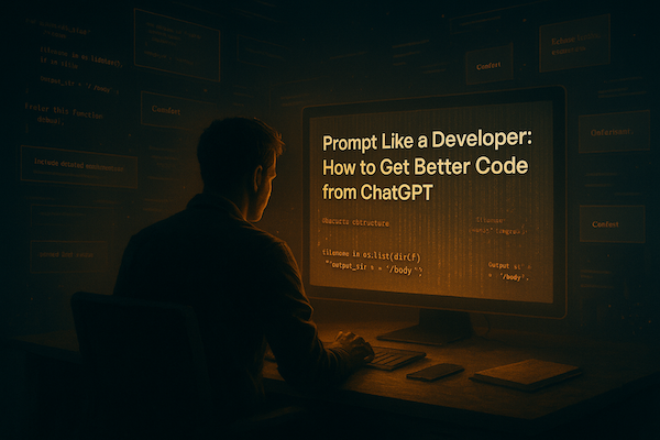 Illustration of a developer writing prompts on a glowing screen surrounded by AI code patterns in warm amber light