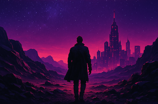 A futuristic illustration of a neon coder standing before a glowing city of data and code streams